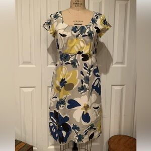 Boden~High Waisted~Cap Sleeve Floral Print Dress~ size 6 Blue White Yellow-Lined